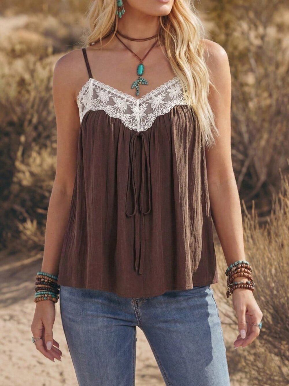 Multicolor Casual Boho Women's Lace Color Block Sleeveless Tank Top